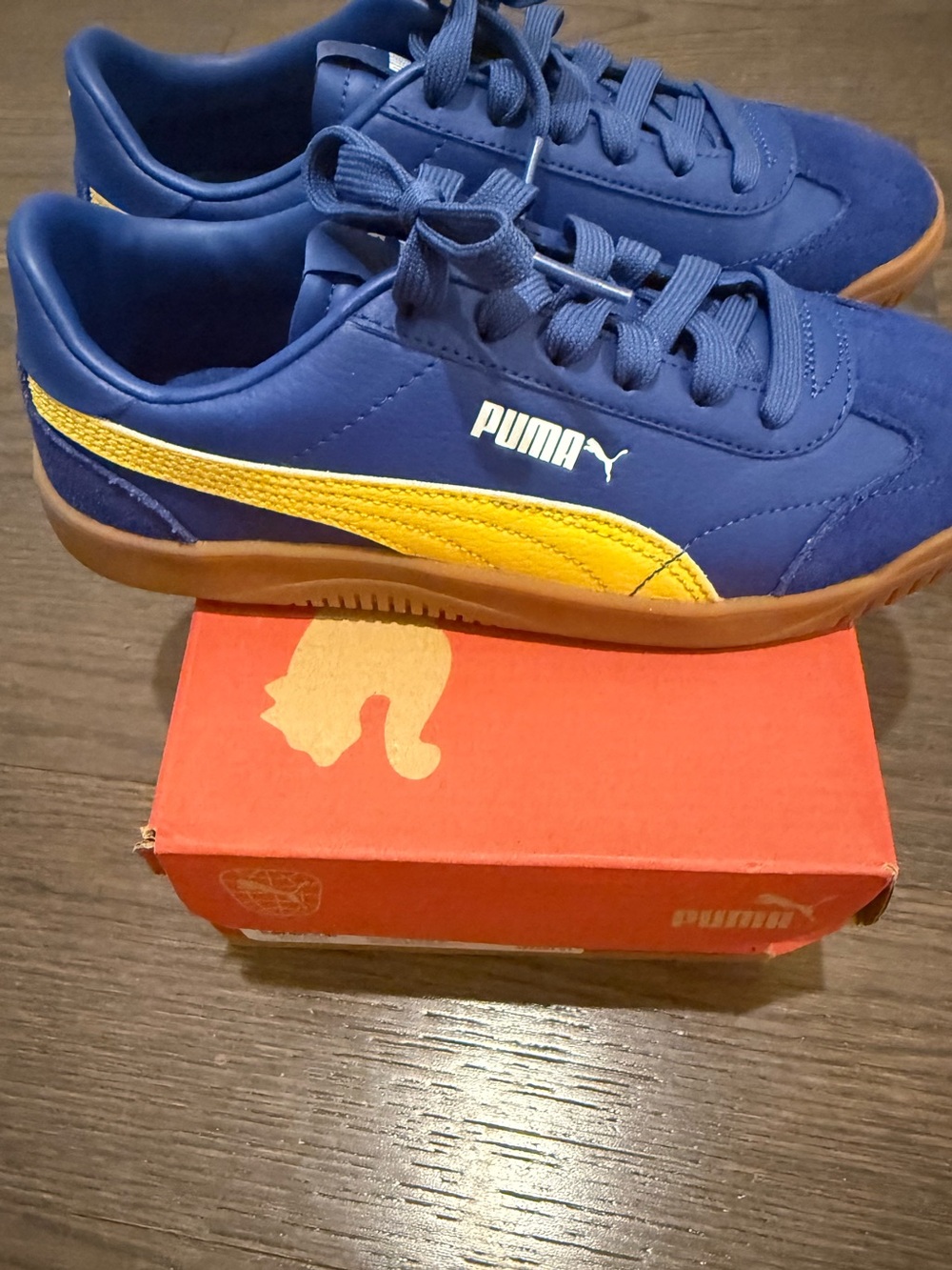 PUMA Kids Blue Sneakers with Yellow Stripe and Gum Sole